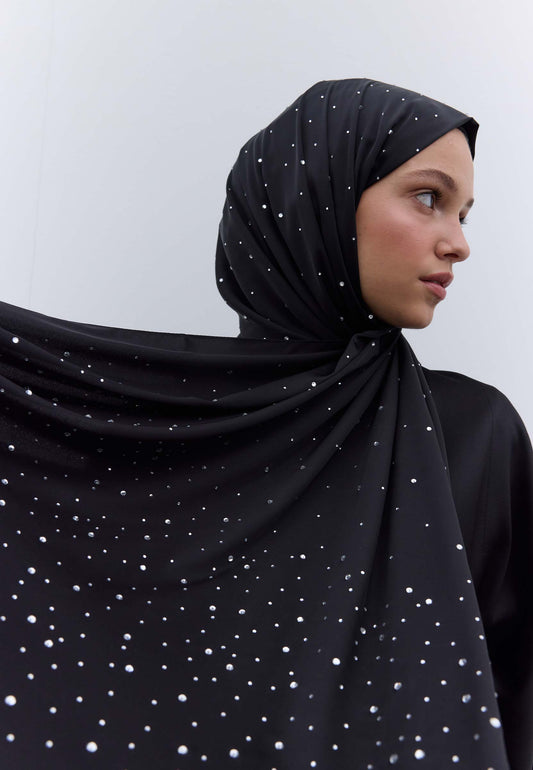 Siyah Gümüş Strass Taşlı İpeksi Şal