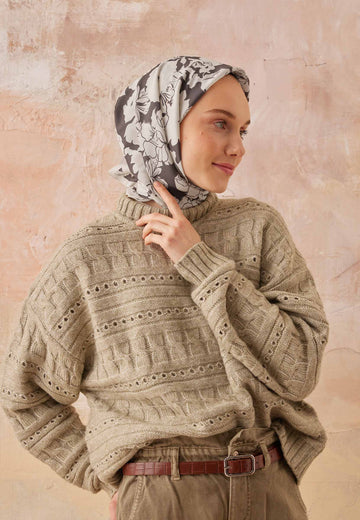 Acı Kahve Peony Desen Pamuk İpek Eşarp