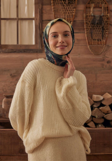 Koyu Yeşil Roslyn Desen Pamuk İpek Eşarp