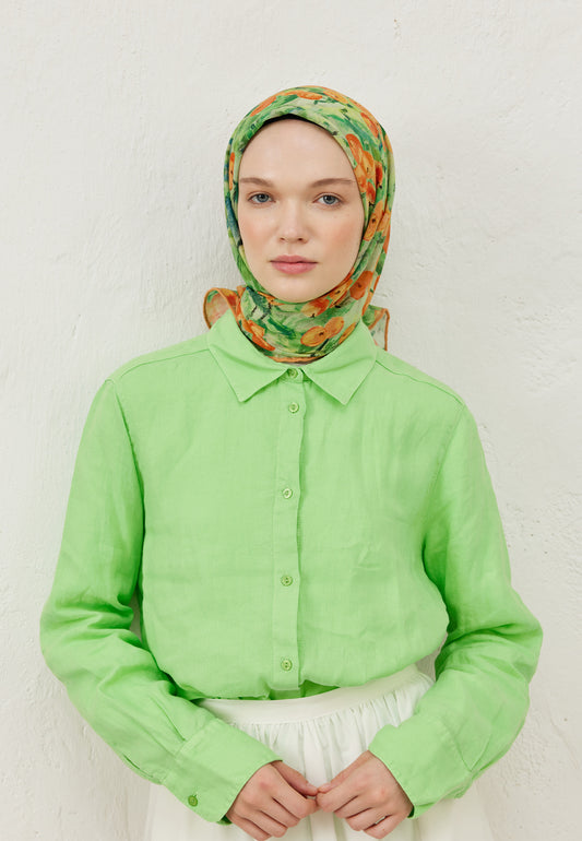 Şeftalı Peach Garden Desen Pamuk Vual Eşarp