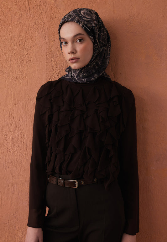 Siyah Dark Vıntage Desen Pamuk İpek Eşarp