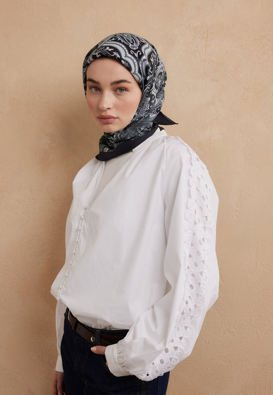 Antik Mavi Etnıc Floral Desen Pamuk İpek Eşarp