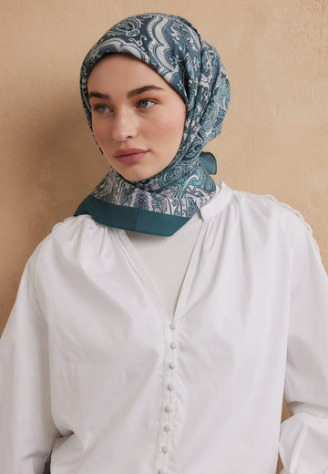 Aquamarin Etnıc Floral Desen Pamuk İpek Eşarp