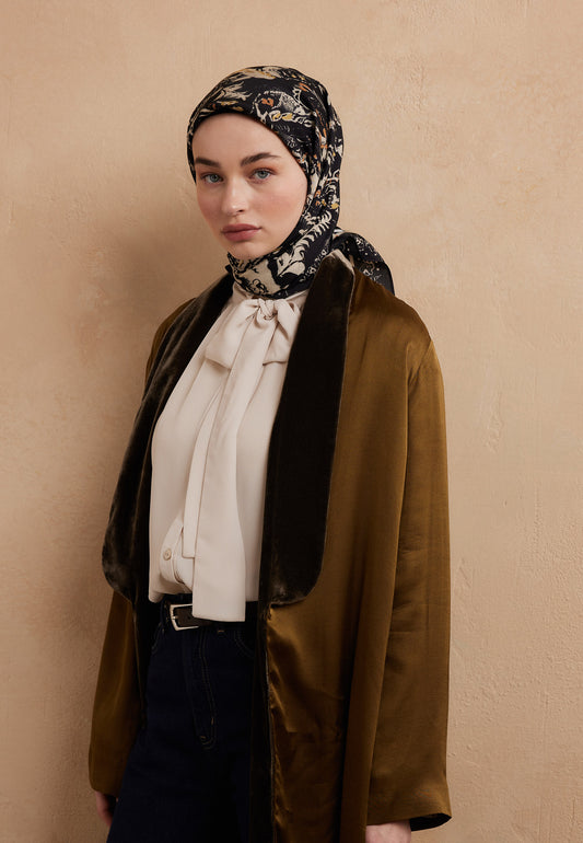 Siyah Floral Paısley Desen Pamuk İpek Eşarp