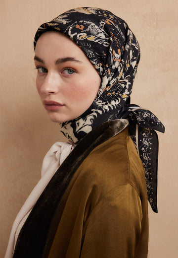 Siyah Floral Paısley Desen Pamuk İpek Eşarp