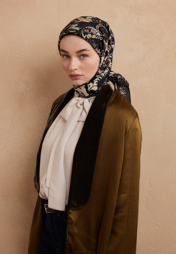 Siyah Floral Paısley Desen Pamuk İpek Eşarp