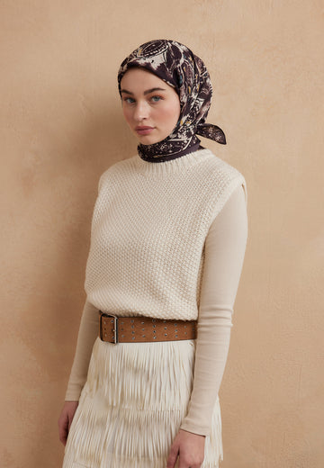 Mürdüm Floral Paısley Desen Pamuk İpek Eşarp