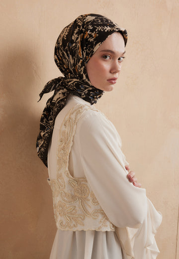 Koyu Kahve Floral Paısley Desen Pamuk İpek Eşarp