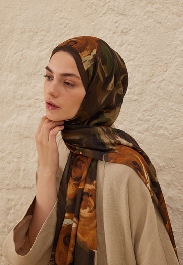 Kahve Summer Rose Desen Rami Şal