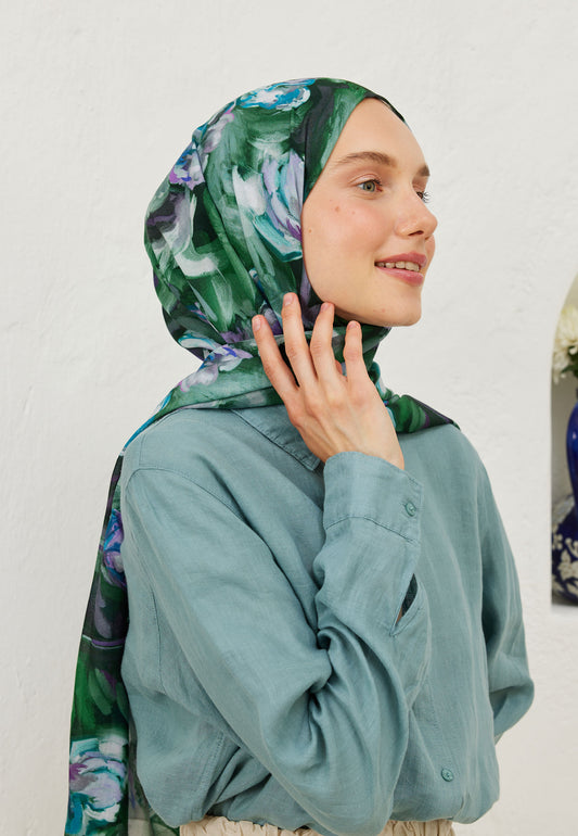 Koyu Yeşil Lavinia Desen Rami Şal