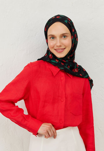 Siyah Cherry Desen Rami Şal