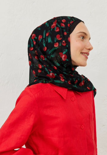 Siyah Cherry Desen Rami Şal