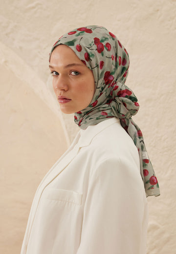 Soft Yeşil Cherry Desen Rami Şal