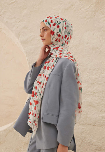 Ekru Cherry Desen Rami Şal