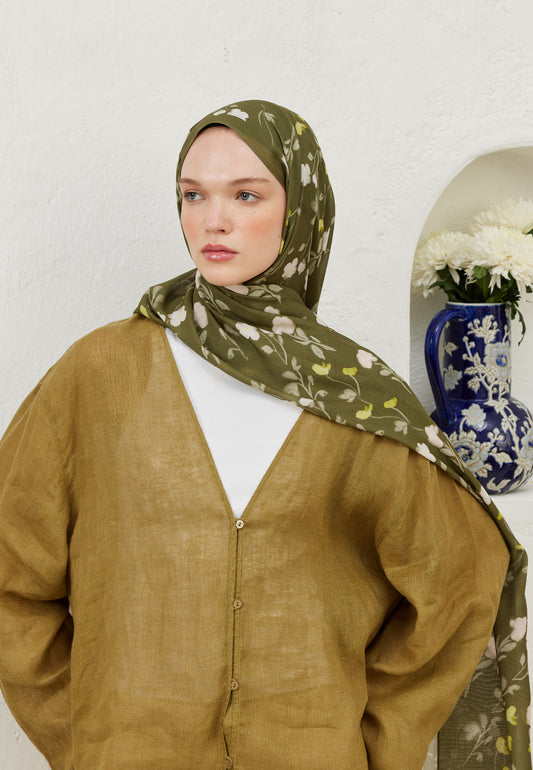 Haki Soft Flowers Desen Rami Şal