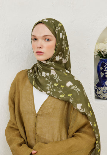 Haki Soft Flowers Desen Rami Şal