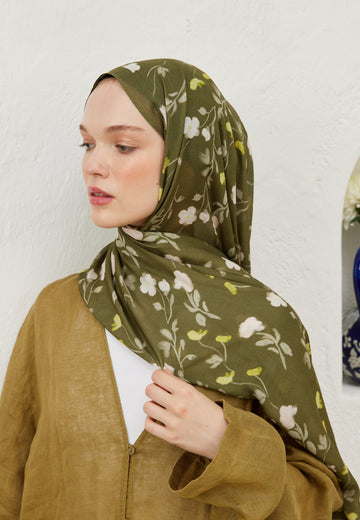 Haki Soft Flowers Desen Rami Şal