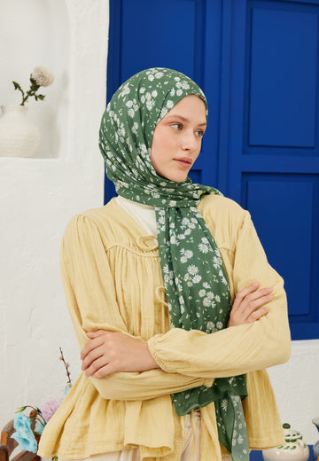 Yeşil Papatya Desen Rami Şal
