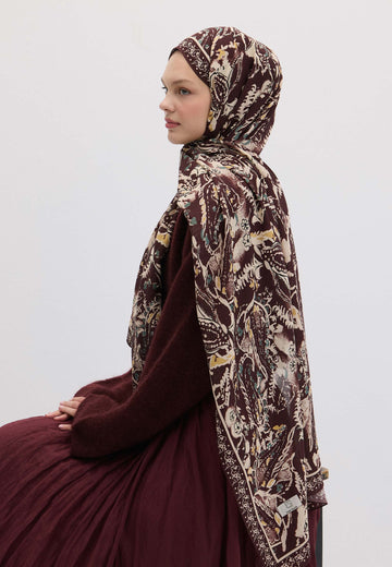 Koyu Mürdüm Floral Paısley Desen Şal