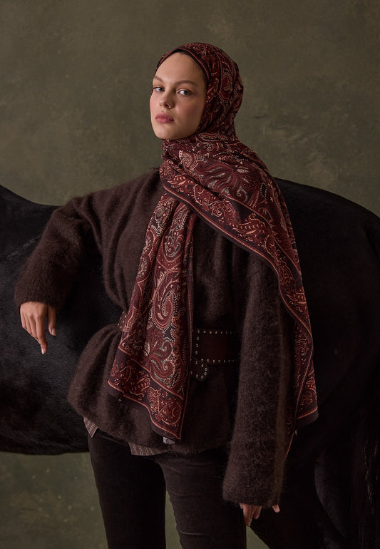 Bordo Dark Vıntage Desen Şal