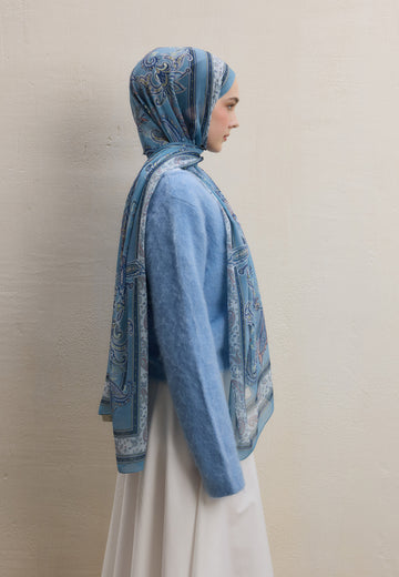 Pastel Mavi Luna Desen İpek Krep Şal