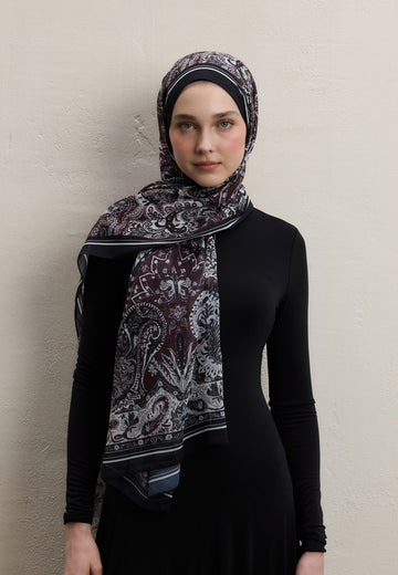 Bordo Dark Bohemy Desen İpek Krep Şal