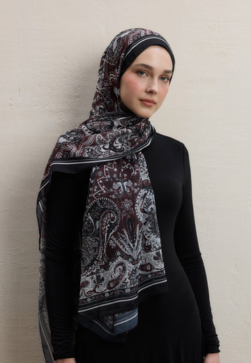 Bordo Dark Bohemy Desen İpek Krep Şal