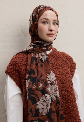 Bakır Leone Desen İpek Krep Şal