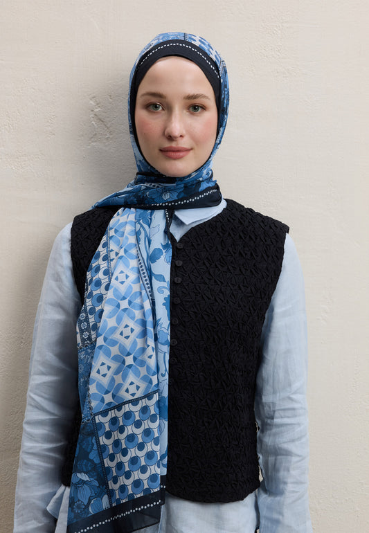 Lacivert Wıld Botanıcal Desen İpek Krep Şal