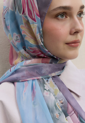 Soft Pembe Flower Dreams Desen İpek Krep Şal