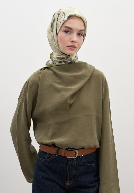 Mint Yeşili Fall Breeze Desen Pamuklu Viskon Eşarp