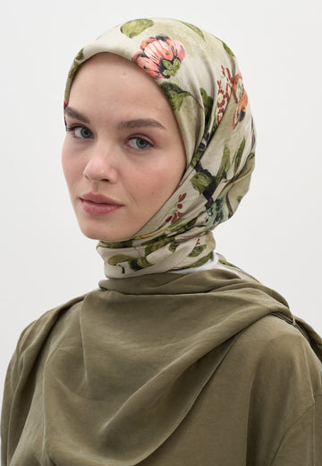 Soft Yeşil Flower Rain Desen Pamuklu Viskon Eşarp