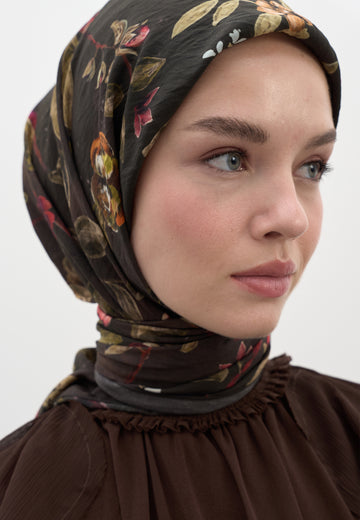 Acı Kahve Flower Rain Desen Pamuklu Viskon Eşarp