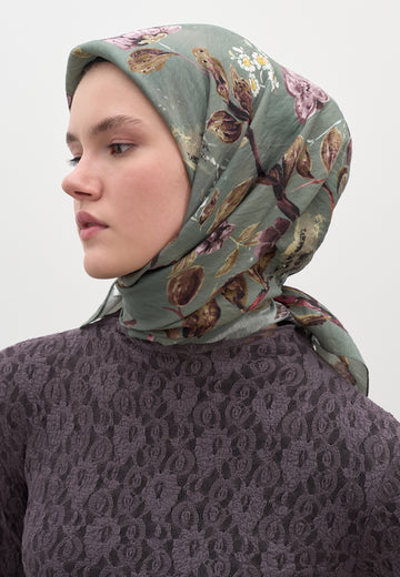 Çağla Yeşili Flower Rain Desen Pamuklu Viskon Eşarp