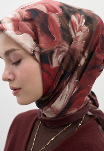 Bordo Mıdnıght Floral Desen Pamuklu Viskon Eşarp