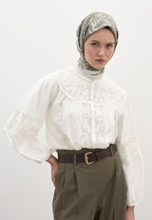 Haki Secret Elegance Desen Pamuklu Viskon Eşarp