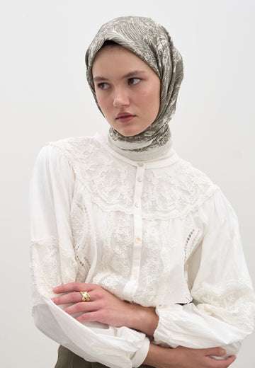 Haki Secret Elegance Desen Pamuklu Viskon Eşarp