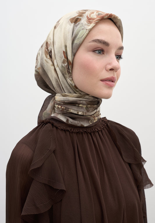 Kahve Marıelle Desen Pamuklu Viskon Eşarp
