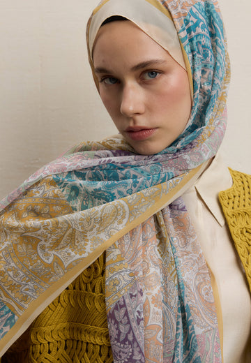 Soft Sarı Paısley Patch Desen İpek Krep Şal