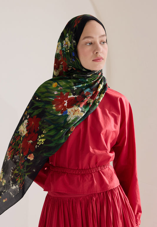 Siyah Sweet Garden Floş Viskon Şal