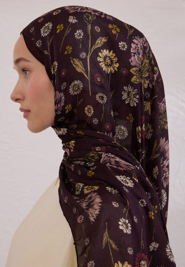 Mürdüm Bloomıng Dahlıa Desen Rami Şal