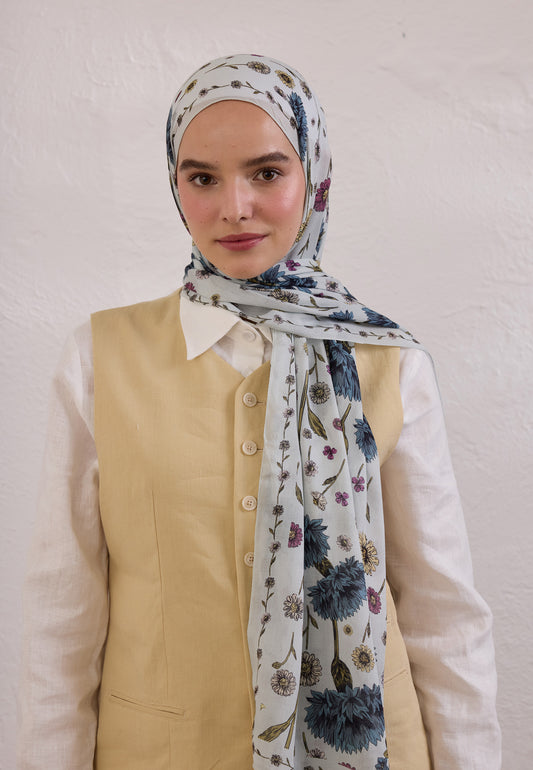 Soft Mavi Bloomıng Dahlıa Desen Rami Şal