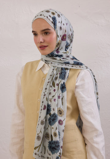 Soft Mavi Bloomıng Dahlıa Desen Rami Şal