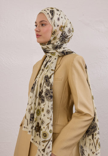 Soft Sarı Bloomıng Dahlıa Desen Rami Şal