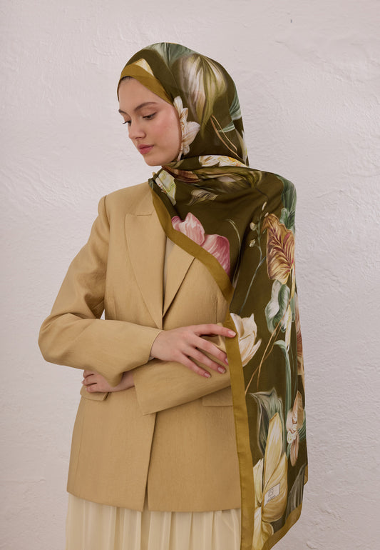 Haki Elegant Flower Desen Rami Şal