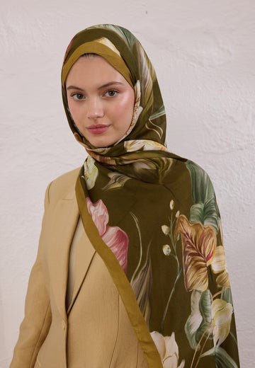 Haki Elegant Flower Desen Rami Şal