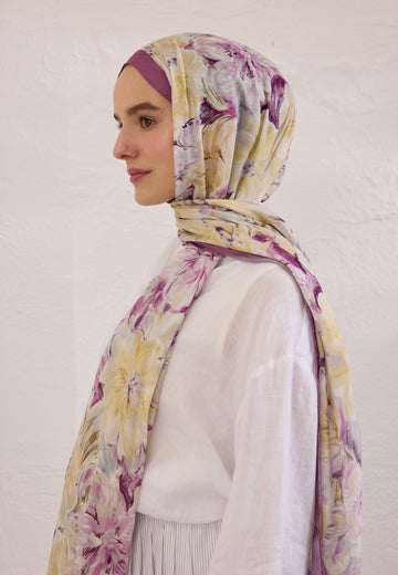 Mürdüm Pure Flora Desen Rami Şal