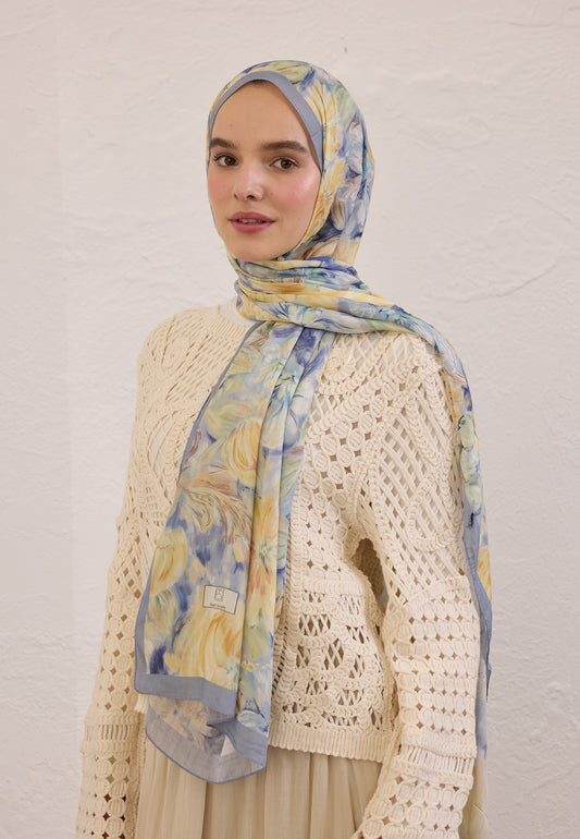 Soft Mavi Pure Flora Desen Rami Şal