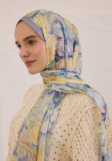 Soft Mavi Pure Flora Desen Rami Şal