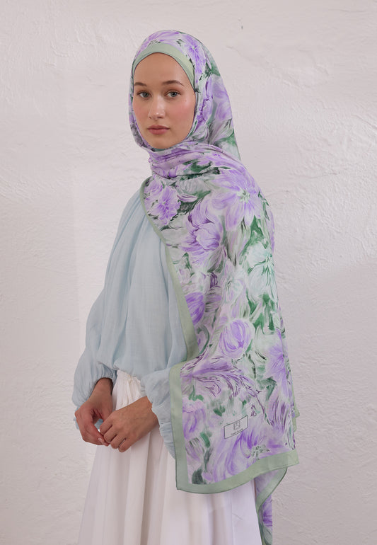 Mint Yeşili Pure Flora Desen Rami Şal